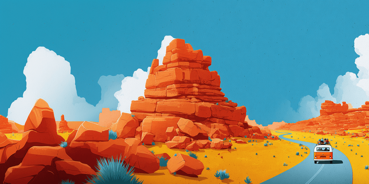 Vintage travel poster of a car driving through a desert canyon