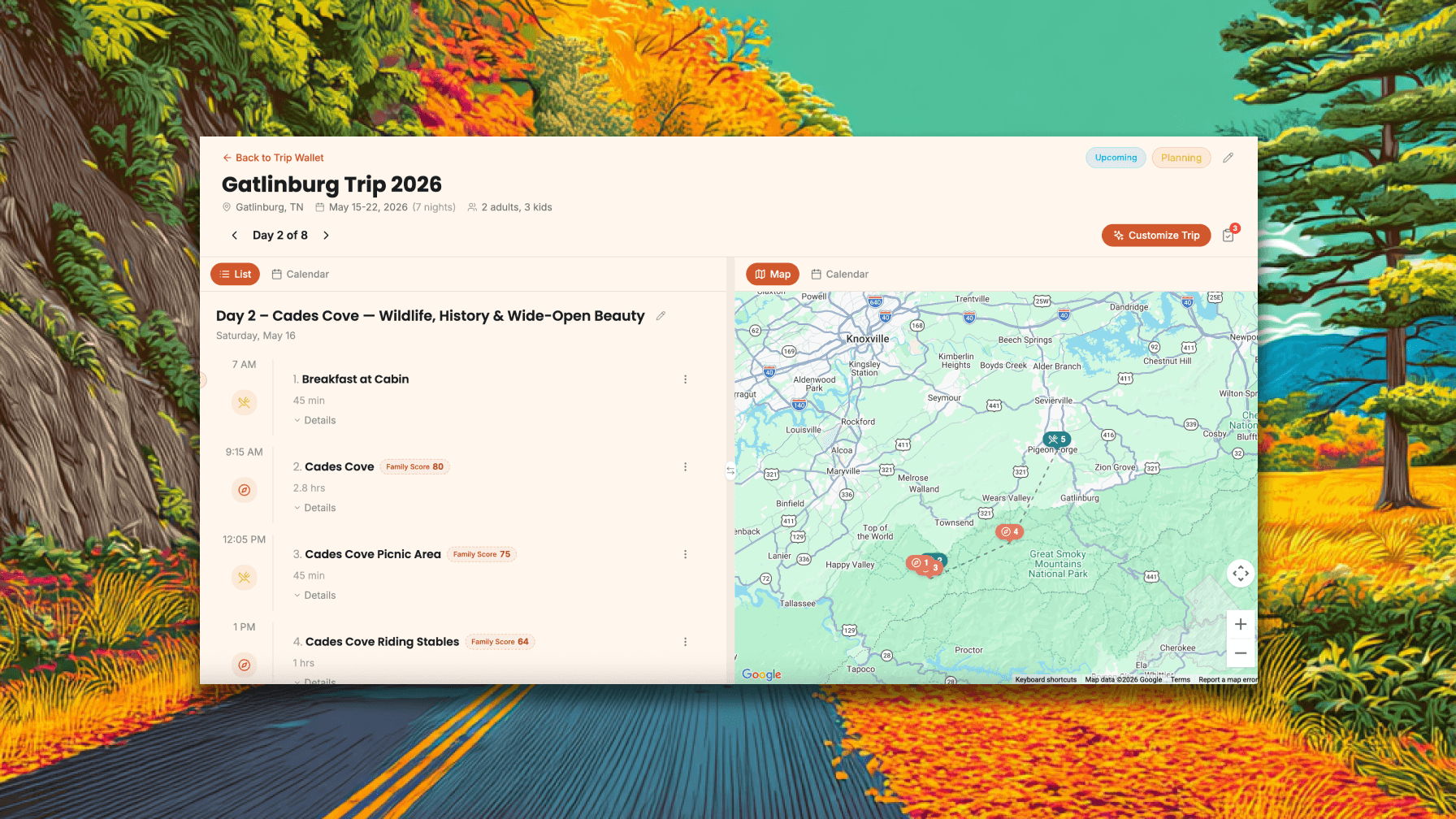 Rosie trip planner showing a Gatlinburg itinerary with map view